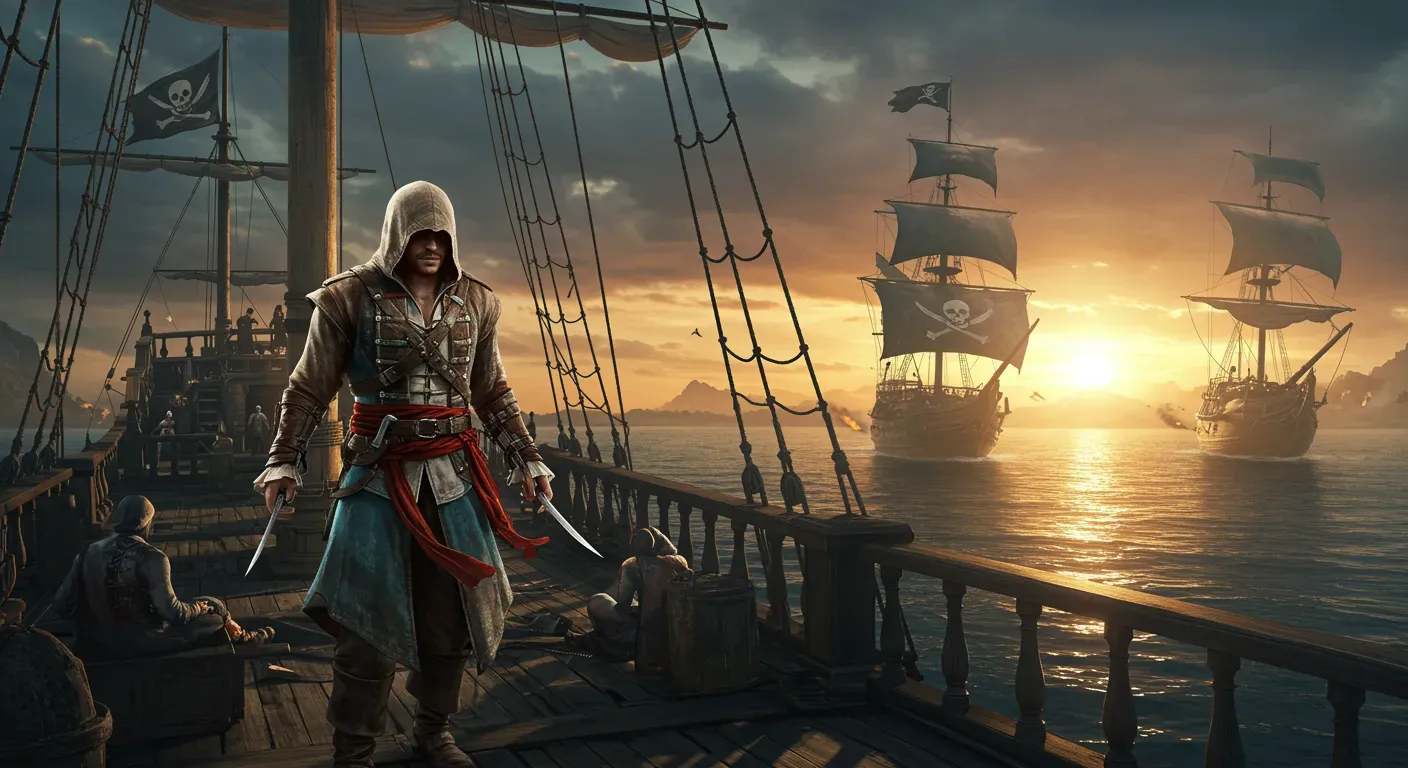 Assassin's Creed — pont de navire au coucher du soleil
