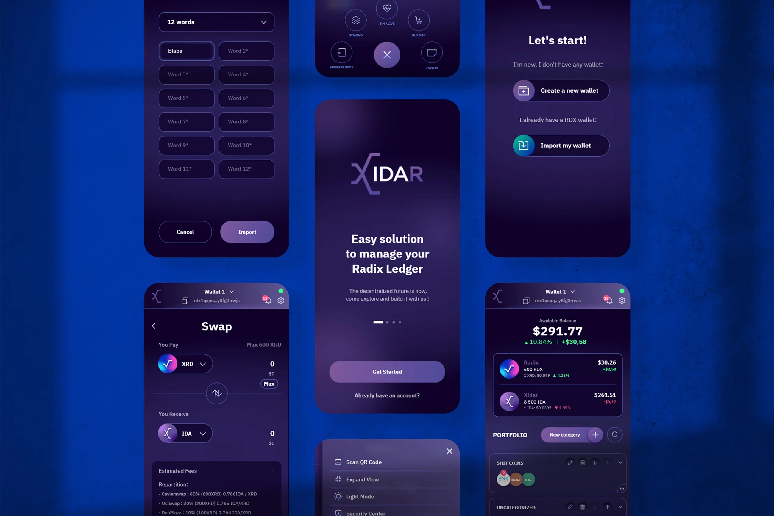 Xidar — écrans de l'application en thème sombre